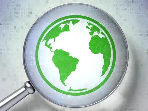 Learning concept: Globe with optical glass on digital background Illustrazione stock