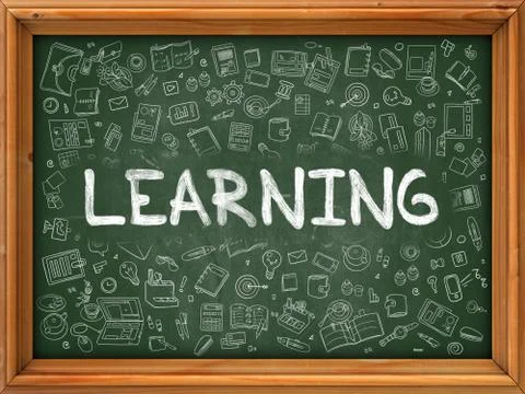 Learning Concept. Green Chalkboard with Doodle Icons Stock Illustration