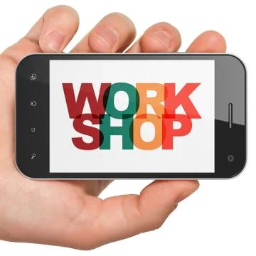Learning concept: Hand Holding Smartphone with Workshop on  displa Ilustração Stock