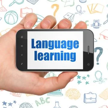 Learning concept: Hand Holding Smartphone with Language Learning on display Stock Illustration