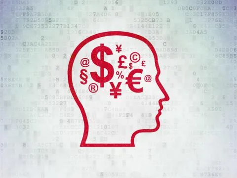 Learning concept: Head With Finance Symbol on Digital Data Paper background Illustrazione stock