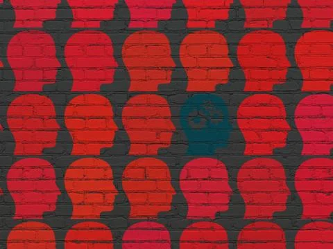 Learning concept: head with gears icon on wall background Ilustración de archivo