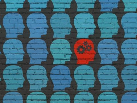 Learning concept: head with gears icon on wall background Ilustración de archivo