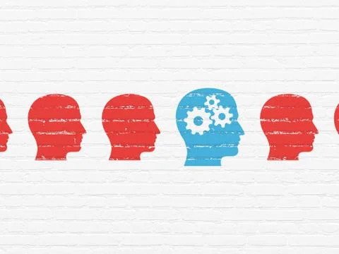 Learning concept: head with gears icon on wall background Ilustración de archivo