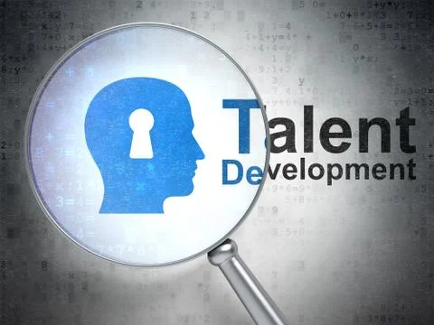 Learning concept: Head With Keyhole and Talent Development with optical glass Illustrazione stock