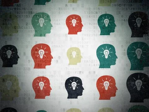 Learning concept: Head With Light Bulb icons on Digital Paper background 库存插图