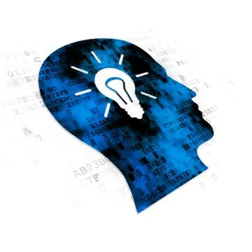 Learning concept: Head With Light Bulb on Digital background Illustrazione stock