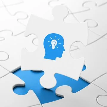 Learning concept: Head With Light Bulb on puzzle background Illustrazione stock
