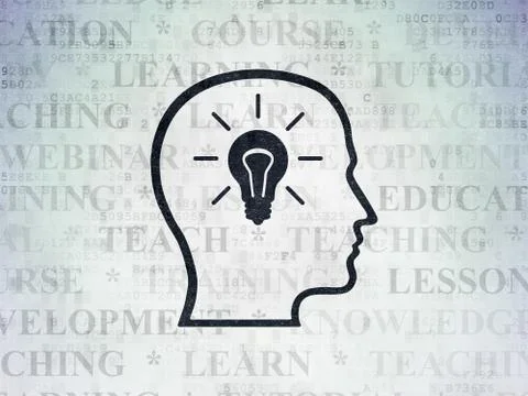 Learning concept: Head With Lightbulb on Digital Paper background Illustrazione stock
