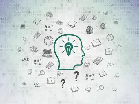 Learning concept: Head With Lightbulb on Digital Data Paper background Stock Illustration