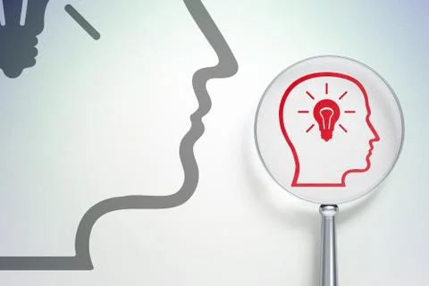 Learning concept:  Head With Lightbulb with optical glass on digital background Stock Illustration