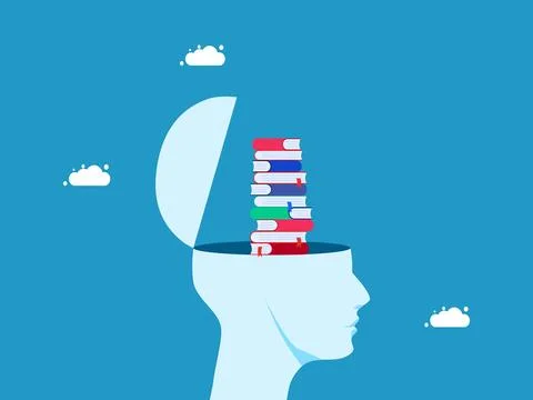 Learning concept. a pile of books in a human head Illustrazione stock