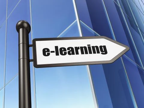 Learning concept: sign E-learning on Building background Illustrazione stock