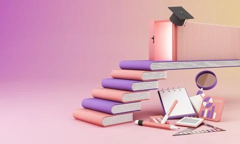 Learning concept with stair book and door open surrounded by Graduate cap, op Stock Photos