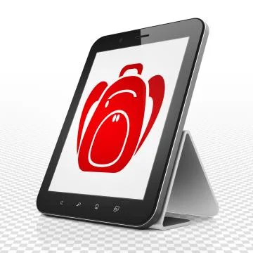 Learning concept: Tablet Computer with Backpack on display Illustrazione stock