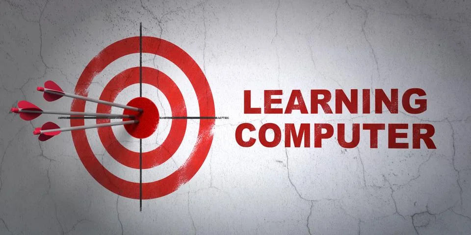 Learning concept: target and Learning Computer on wall background Illustrazione stock