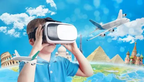 Learning concept with virtual reality headset. Boy use set to learns geograph Stock Photos