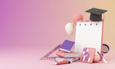 Learning concept with white paper on board surrounded by Graduate cap, open b Ilustração Stock