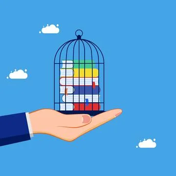 Learning control. A stack of books trapped in a birdcage. education concept Illustrazione stock
