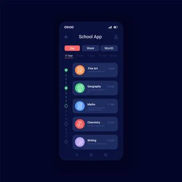 Learning courses list night mode smartphone interface vector template Stock Illustration