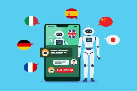 Learning different foreign languages with chat bot on smartphone. Stock Illustration