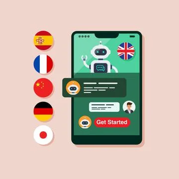 Learning different foreign languages with Smart Ai chat bot on smartphone s.. Stock Illustration