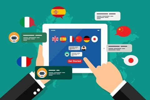 Learning of different foreign languages through the tablet in the hand Stock Illustration