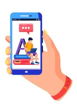 Learning different languages online. Screen with student sitting with laptop Stock Illustration