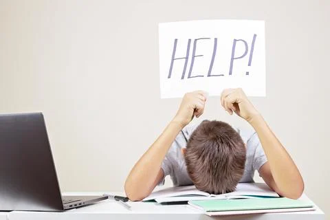Learning difficulties, school, education, online remote learning concept. Sad Stock Photos