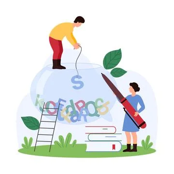 Learning disorder and development problems, tiny people with pen catching letter 스톡 일러스트