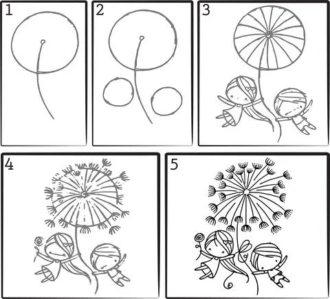 Learning drawing step Vector cartoon girl and boy Fly with dandelion Stock Illustration