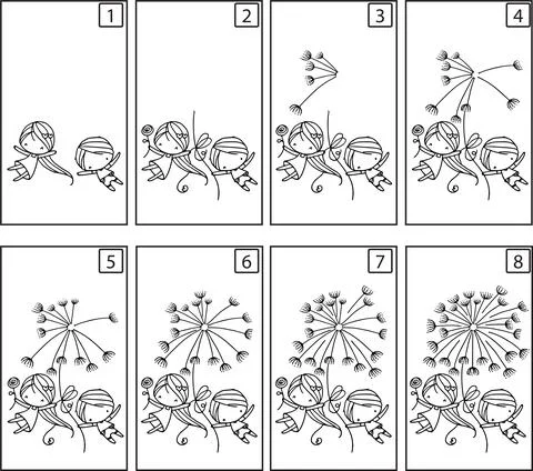 Learning drawing step Vector cartoon girl and boy Fly with dandelion Stock Illustration