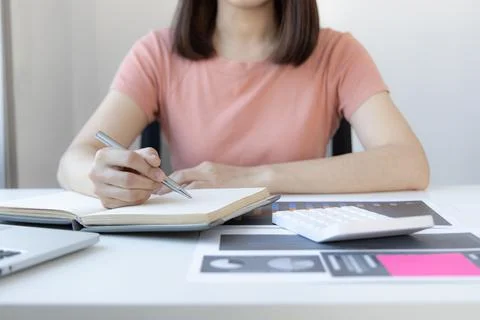 Learning during the virus spread, Asian young woman's online education is ana Stock Photos