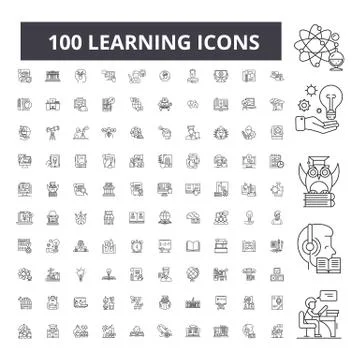 Learning editable line icons, 100 vector set, collection. Learning black outline Stockillustratie