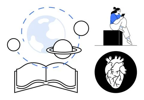 Learning Elements with Planetary System, Heart Diagram, and Student Reading.. Stock Illustration