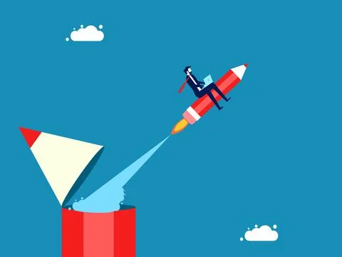 Learning ends. Businessman drives a rocket pencil 스톡 일러스트