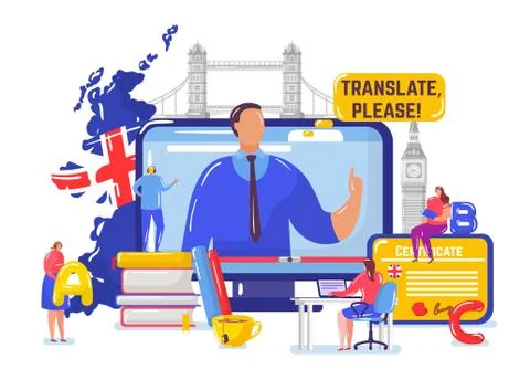 Learning English online vector illustration, cartoon flat tiny student people Stock Illustration