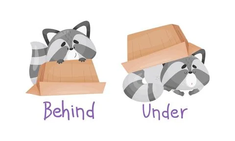 Learning English preposition set. Cute cat behind and under the box. Educational Stockillustratie