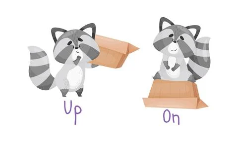 Learning English preposition set. Cute cat up and on the box. Educational visual 库存插图