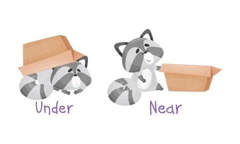 Learning English preposition set. Cute cat under and near the box. Educational Stock Illustration