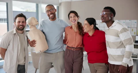 Learning, face and cpr with people in workshop for support, healthcare or Stock Footage 297170969