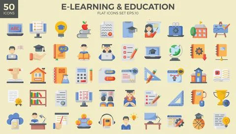 Learning flat icons set.The collection includes of business developments, p.. Stock Illustration