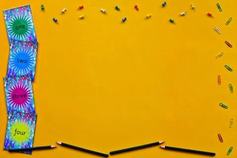 Learning flatlay on yellow Stock Photos