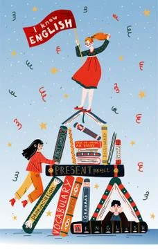 Learning foreign language. Students with books. Education, school, studying. Stock Illustration