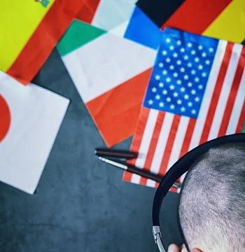 Learning foreign languages. Audio language courses. Background from countri.. Stock Photos