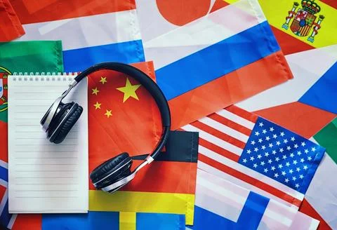 Learning foreign languages. Audio language courses. Background from countri.. Stock Photos