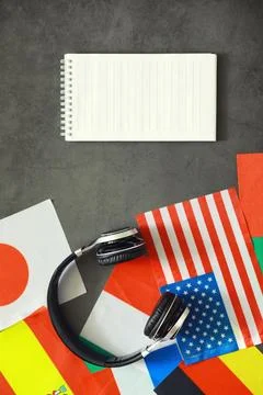 Learning foreign languages. Audio language courses. Background from countri.. Stock Photos