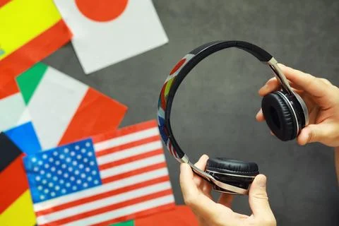 Learning foreign languages. Audio language courses. Background from countri.. Stock Photos