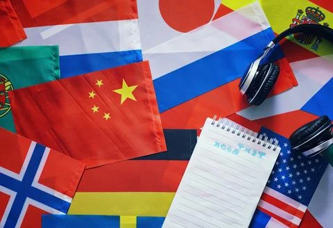 Learning foreign languages. Audio language courses. Background from countri.. Stock Photos