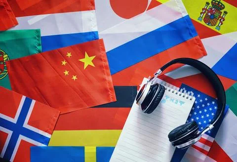 Learning foreign languages. Audio language courses. Background from countri.. Stock Photos